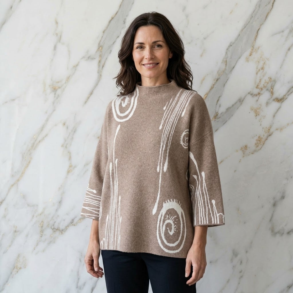 Feinstrickpulli 3/4-Arm mit Muster – Eleganter Damen-Pullover mit Schildkrötkragen