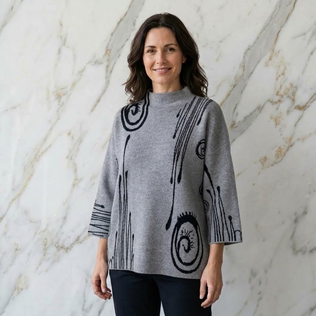 Feinstrickpulli 3/4-Arm mit Muster – Eleganter Damen-Pullover mit Schildkrötkragen