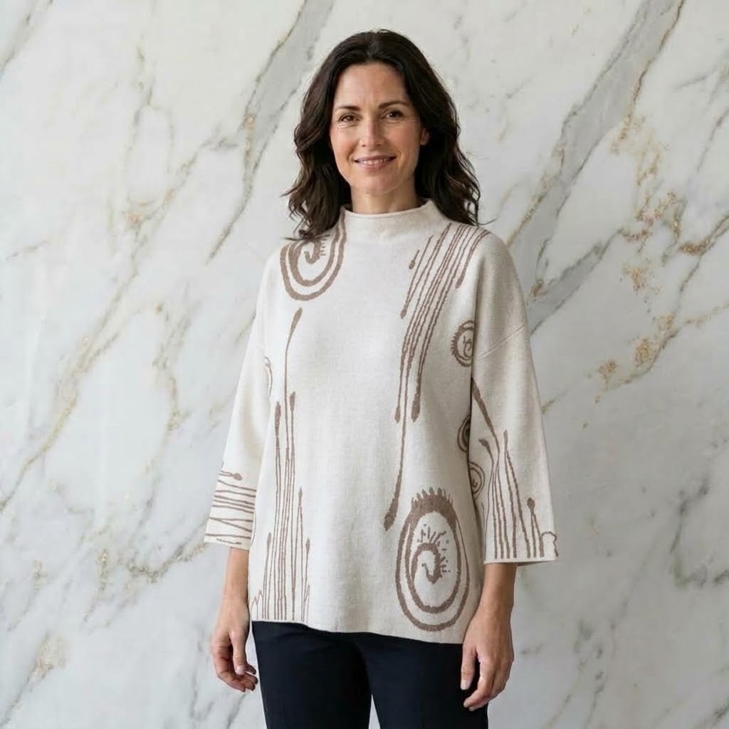 Feinstrickpulli 3/4-Arm mit Muster – Eleganter Damen-Pullover mit Schildkrötkragen