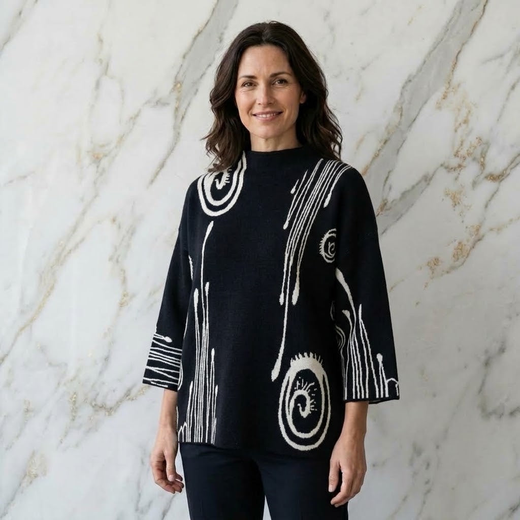 Feinstrickpulli 3/4-Arm mit Muster – Eleganter Damen-Pullover mit Schildkrötkragen