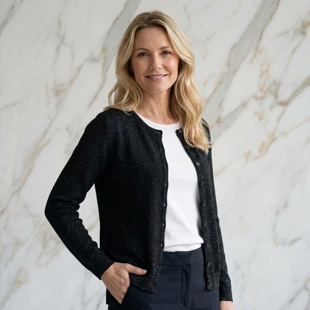 Feinstrickjacke mit Lurex-Glanz – Elegante Damen-Strickjacke für Alltag & Anlass