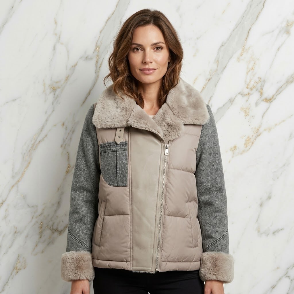 Steppjacke mit Jeans- Lederimitat und Kunstfell Kragen