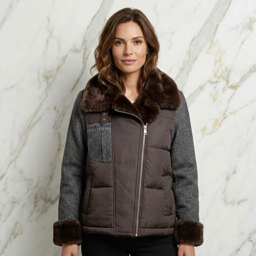 Steppjacke mit Jeans- Lederimitat und Kunstfell Kragen